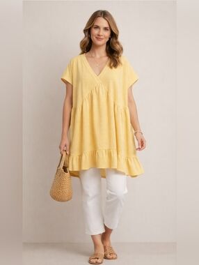 Entro Yellow V-Neck Swiss Dot Ruffle Tunic Top Sz 1X